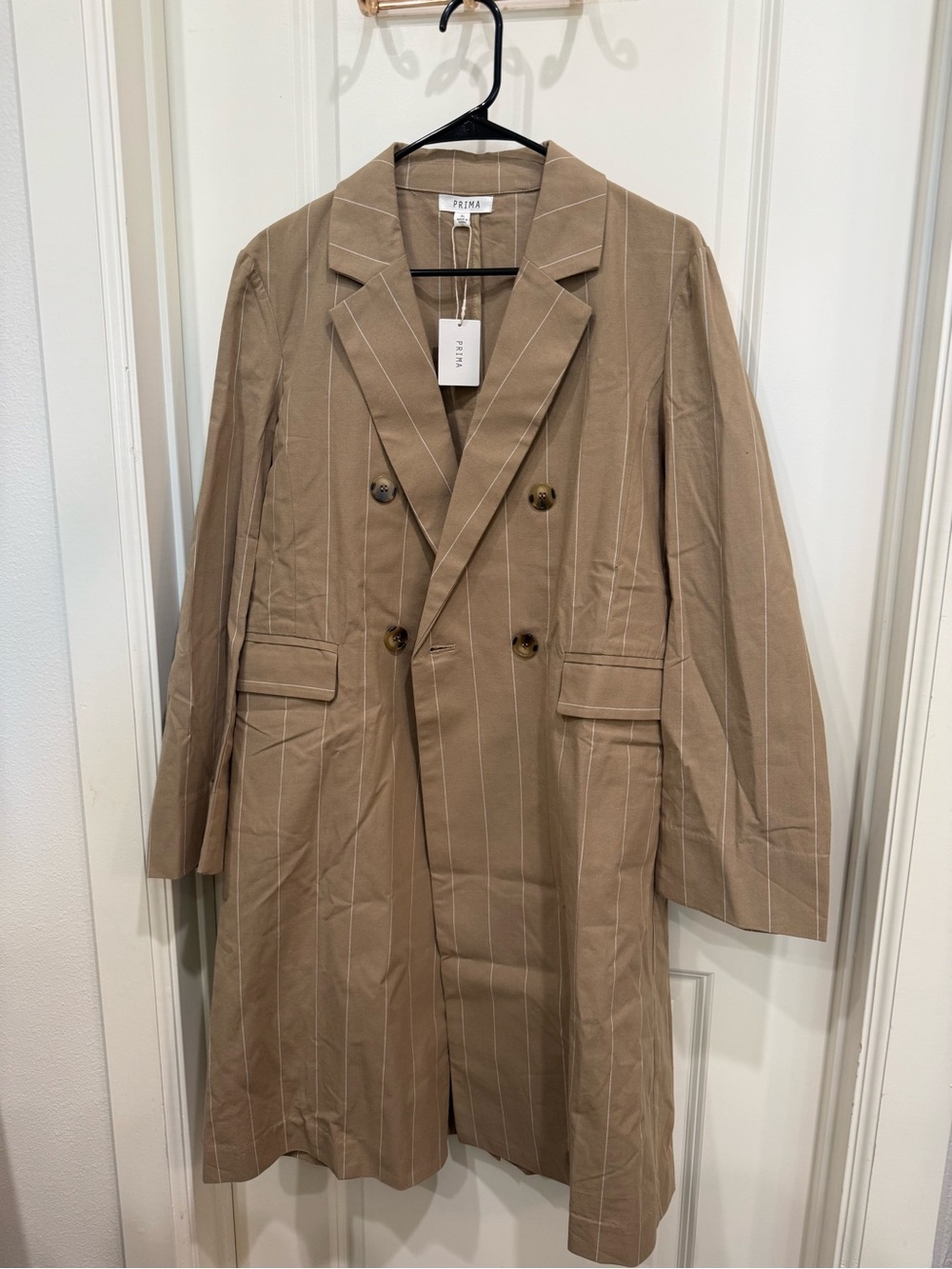 Tan Pinstripe Double-Breasted Trench Coat
